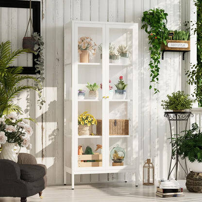 UNICOLY Display Cabinet with Glass Doors, Glass Display Cabinet 4-Tier, Metal Curio Display Cabinet with Tempered Glass Doors for Living Room, Plant, Display Shelf, Assembly Required, White