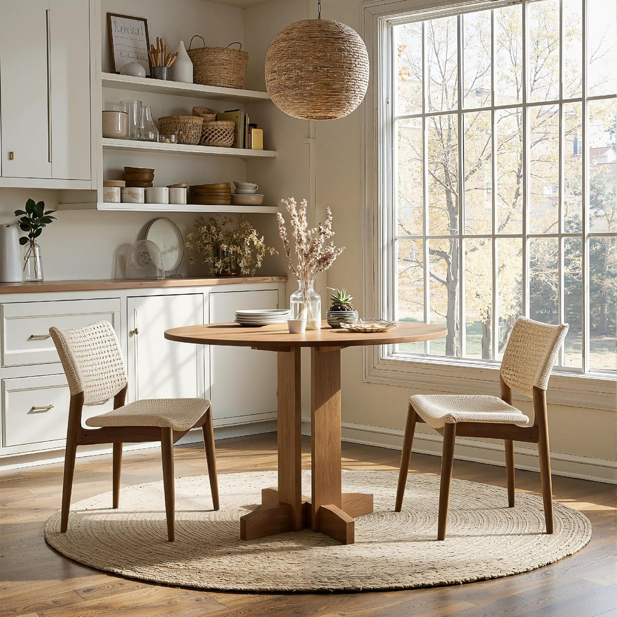 Acanva 47" Small Round Dining Table for 4 Person, MDF Top and Sturdy Wood Base Structure, Modern Design for Kitchen, Compact Space & Apartment, Natural Oak