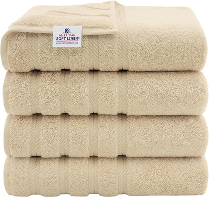 American Soft Linen Luxury 4 Piece Bath Towel Set, 600 GSM 100% Cotton Turkish Bath Towels for Bathroom, 27x54 in Extra Large Bathroom Shower Towels, Beige