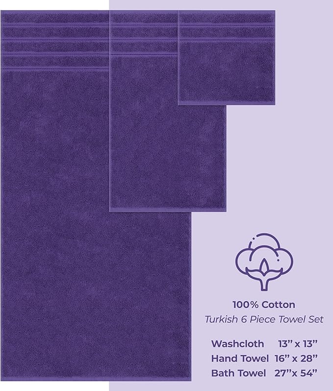 American Soft Linen Luxury 6 Piece Towel Set, 2 Bath Towels 2 Hand Towel 2 Washcloths, 600 GSM 100% Cotton Turkish Towels for Bathroom, Purple Towel Sets