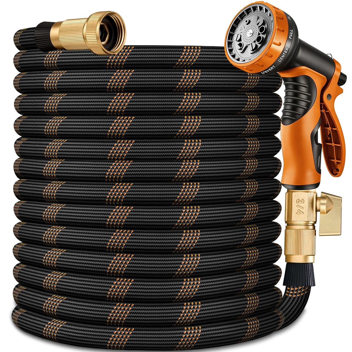 Flexible Garden Hose 100 FT, Ultra Lightweight Water Hoses w/10 Function Sprayer and 3/4" Brass Fittings, Kink-Free, Sturdy, Abrasion Resistant for Yard, Lawn, Outdoor and Gardening(Black Orange)