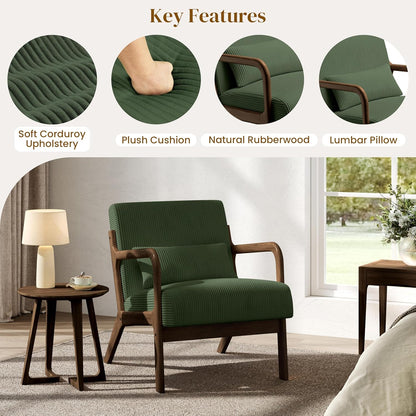 Yaheetech Accent Chair for Living Room, Corduroy Mid Century Modern Reading Armchairs with Lumbar Pillow for Bedroom, Decorative Sofa Chair for Adult Dark Green/Set of 2