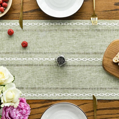 Artoid Mode Sage Green Rustic Cotton Linen Table Runner, Seasonal Embroidered Hollow Kitchen Dining Table Decoration for Home Party Decor 13x72 Inch