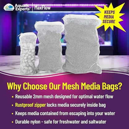 Aquatic Experts Max Flow Filter Media Bag - Durable Filter Bags for Fish Tank, Secure Aquarium Media Bag with Drawstring, Media Bags for Aquarium and Pond, Max Flow (Zipper), 8” x 12” – 3 Pack