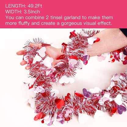 Sggvecsy 49.2Ft Valentine’s Day Heart Tinsel Garland Pink Red White Metallic Twist Garland Shining Ceiling Hanging Decorations for Valentine’s Day Party Anniversary Birthday Holiday Indoor Supplies