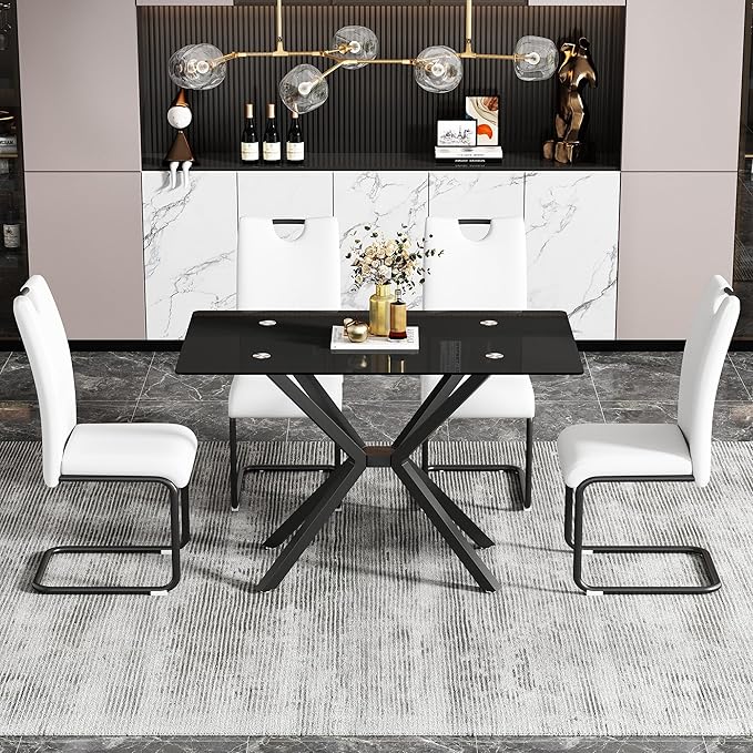 47.24" Rectangular Glass Dining Table Modern Kitchen Glass Top Table for 4 with Black Metal Legs, Clear Dining Table Kitchen Table for Home Office Dining Room