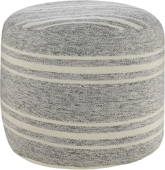 LR Home Ox Bay Farmhouse Triple Stripe Indoor Outdoor Pouf, Gray/White, 18" x 18" x 14"