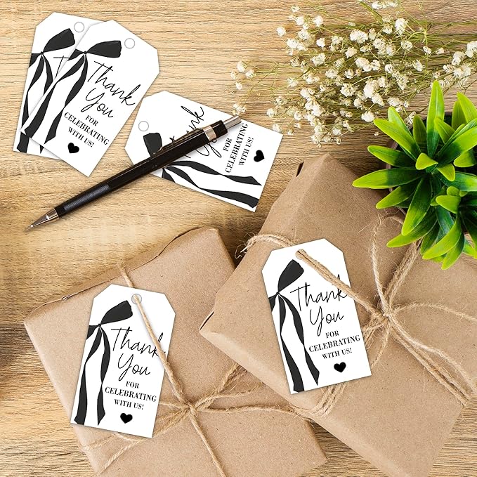 Thank You Gift Tags with String, 2x3.5 Inch Thank You for Celebrating with Us Tag, Black Bow Print, Gift Label for Birthday Party Baby Bridal Shower Wedding Favor-A15