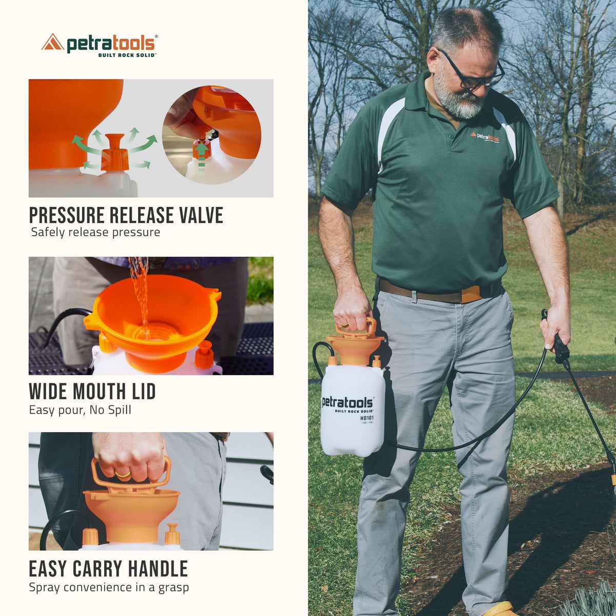 PetraTools HD101 Garden Pump Sprayer, 52-in Long Hose & 2 Nozzles, 1 Gallon