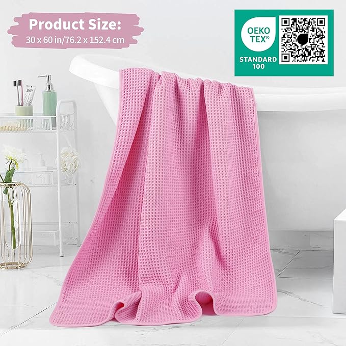 New Microfiber Waffle Bath Towels, 2 Pieces, Oversized, Soft, Absorbent, Fast Drying, Lint Free (Pink)