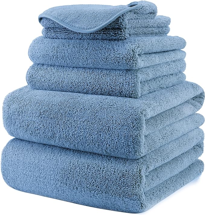 POLYTE Oversize, 60 x 30 in., Quick Dry Lint Free Microfiber Bath Towel Set, 6 Piece (Blue)