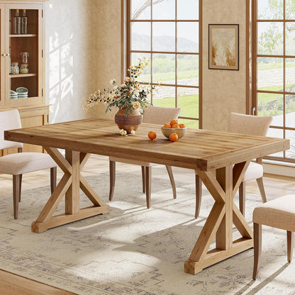 Solid Wood Dining Table for 4-6, 63-Inch Farmhouse Kitchen Table with Sturdy Legs, Wooden Rectangular Dinner Furniture for Kitchen, Dining Room, Light Brown