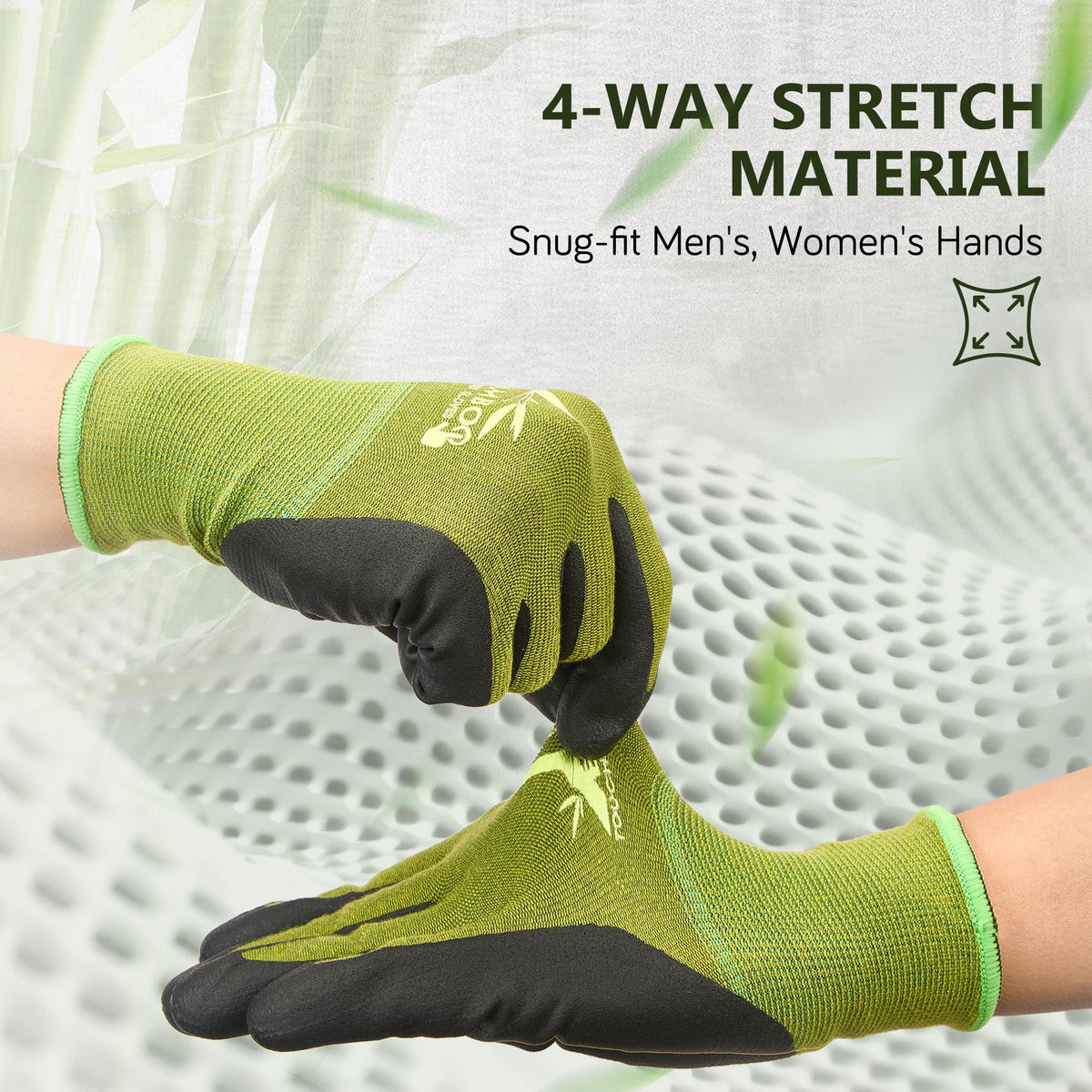 COOLJOB 2 Pairs Gardening Gloves for Women and Men, Bamboo Working Gloves Touchscreen, Grippy Nitrile Rubber Coated Work Gloves, Green/Black, Large Size (2 Pairs L)