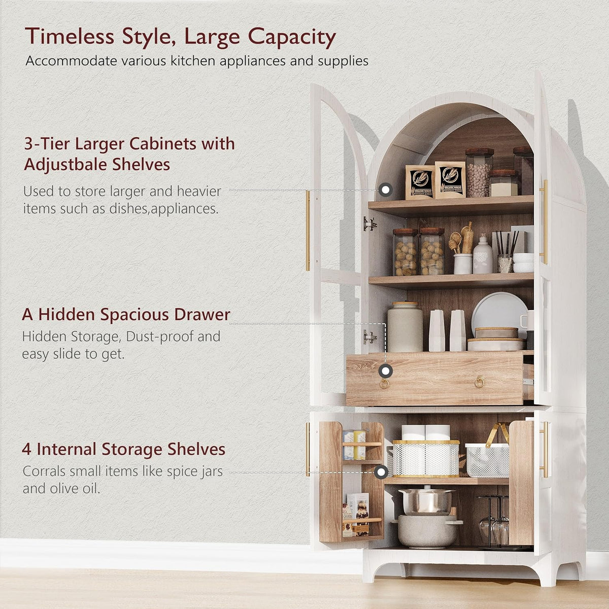 71" Farmhouse Tall Arched Kitchen Pantry Cabinet with Adjustable Shelves and Hidden Drawer, Anti-Tipping Storage Cupboard with Glass Door for Kitchen, Dining Room (White)