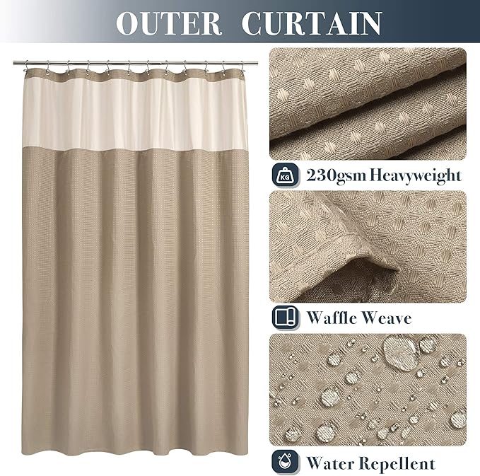 N&Y HOME Extra Long Waffle Weave Shower Curtain with Snap-in Fabric Liner Set, 12 Hooks Included - 71" x 84", Hotel Style, Mesh Top Window, Machine Washable & Water-Repellent - 71x84, Linen
