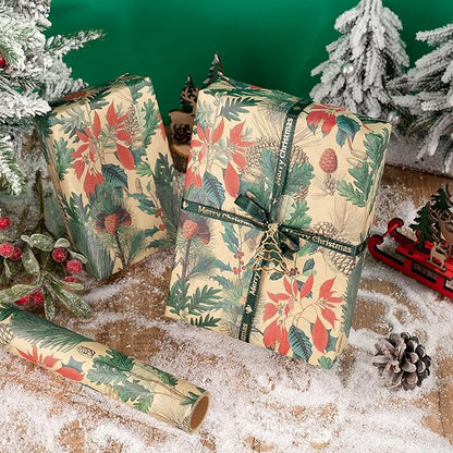 RUSPEPA Kraft Christmas Wrapping Paper Roll, Mini Roll, Watercolor Winter Botanical Design with Pinecones, Holly and Poinsettia, Kraft Gift Wrap for Xmas Holiday, Winter Party, 17 Inches x 16.4 Feet
