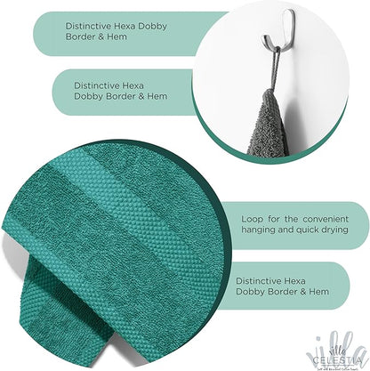 100% Cotton Bath Towel Set of 12-4 Bath Towels, 4 Hand Towels, 4 Wash Cloths, Sustainable, Soft, Highly Absorbent, Combed Cotton 12 Piece Set for Hotels, Spa, Bathroom, Dorm, Teal