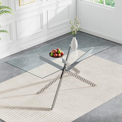 60" Rectangular Glass Dining Table Modern Kitchen Glass Top Table for 6 with Silver Metal Legs, Clear Dining Table Kitchen Table for Home Office Dining Room