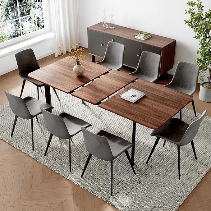 9PCS 63"- 78.7" Extendable Dining Table Set, Kitchen Table with PU Leather Dining Chairs for 6-8 Person, Thickened Expandable MDF Wooden Table with Metal Legs