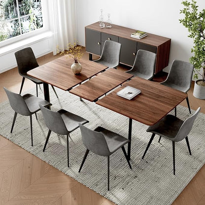 9PCS 63"- 78.7" Extendable Dining Table Set, Kitchen Table with PU Leather Dining Chairs for 6-8 Person, Thickened Expandable MDF Wooden Table with Metal Legs
