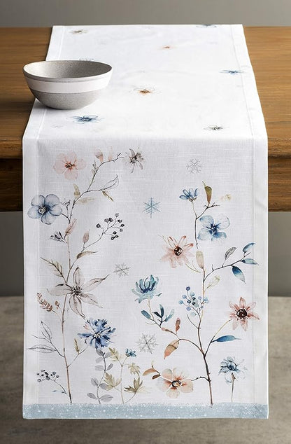 Maison d' Hermine Table Runner 100% Cotton Single Layer Table Runners 36 inches Long for Thanksgiving Christmas Decorations Home Kitchen Dining Party Wedding (Ice Florals, 14.5" x 36")