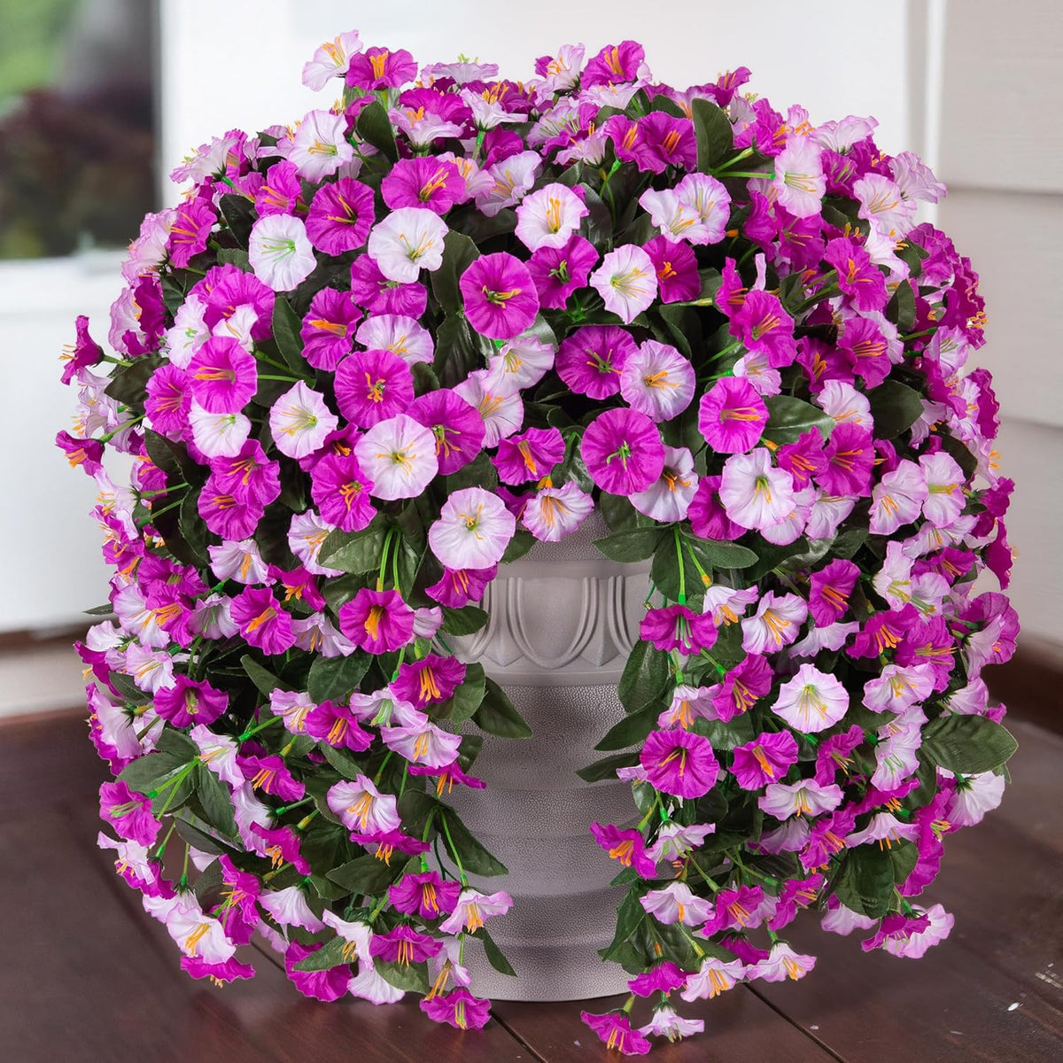 HyeFlora Artificial Fake Hanging Flowers Plants for Outdoor Outside, 2PCS Faux Silk Morning Glory Trailing Vines UV Resistant Look Real for Home Planter Porch Patio (Light Fuchsia+Fuchsia)
