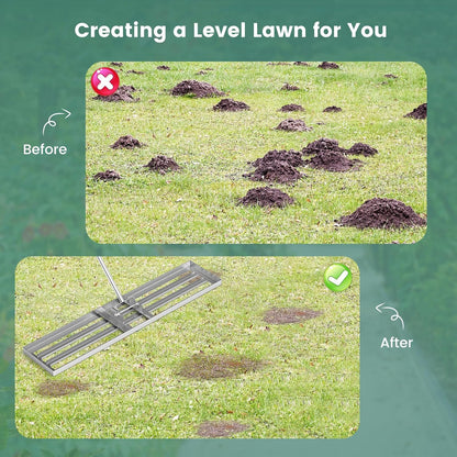 Goplus Lawn Leveling Rake, 46" x 10" Heavy Duty Level Lawn Tool w/ Ergonomic Handle for Soil, Effort-Saving Landscape Rake for Garden, Backyard, Golf Course, Farm, Pasture, Silver