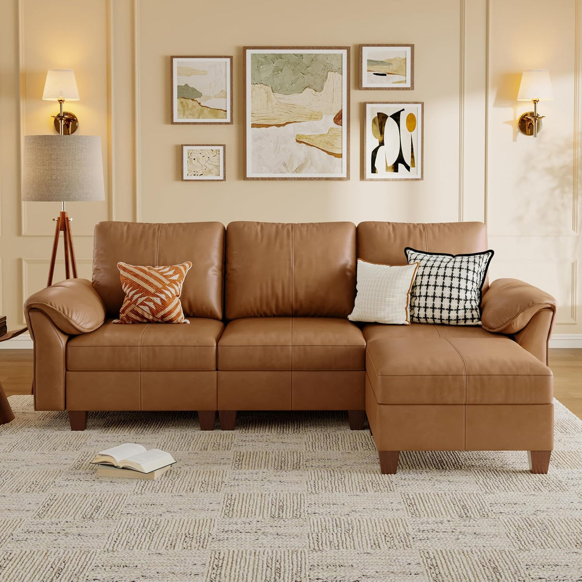 SITJOY Faux Leather Modular Sectional Sofa with Storage, Mid Century Modern Sectional Couches for Living Room, 11.8" Wide Armrests, 96" Wide 3 Seater L Shaped Couch with Chaise, Brown
