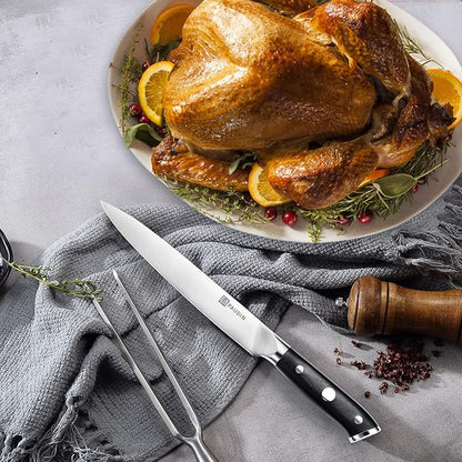PAUDIN Carving Knife Set - 8" German Steel Turkey Carving Knife and Fork Set With Ergonomic Handle, Full Tang For Meat, Brisket