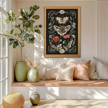 Vintage Framed Wall Art - 3D Textured Classical Style Moth Pictures Wall Decor - Hand Drawn Flowers Nature Art Painting for Living Room Bedroom Home Decor 24x36in