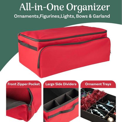 Christmas Ornament Storage Box - Christmas Ornament Organizer Storage Box with 3 Trays, Adjustable Grids, and Large Front Zipper Pocket - Fits up to 72 Bulbs and Decorations by Elf Stor (Red)
