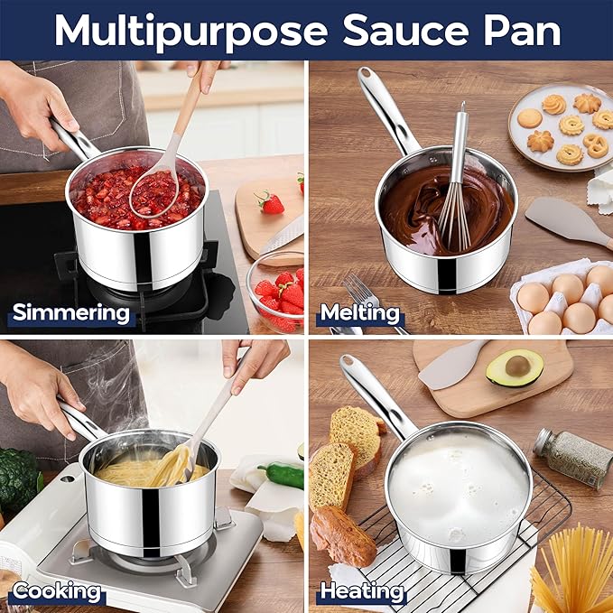 LIANYU Stainless Steel Saucepan Set, 1QT & 3QT Sauce Pan with Lid, Multipurpose Cooking Pot Set, Triply Bottom Milk Sauce Pan for Home Kitchen, All Stove Compatible, Dishwasher Safe