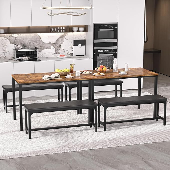 VECELO 3-Piece 63" Extendable Kitchen Table with Benches/Chairs, Modern Breakfast Dinette/Dining Room Set for 4/6/2, Small Space Saving Design, Easy Assembly