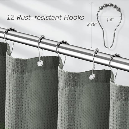 Shower Curtain Gray Waterproof Waffle Weave Fabric, 256GSM Heavy Duty Thick Shower Curtain Set for Bathroom, Hotel Spa Luxury Modern Shower Curtains with 12 Metal Hooks, 72Wx78H Grey