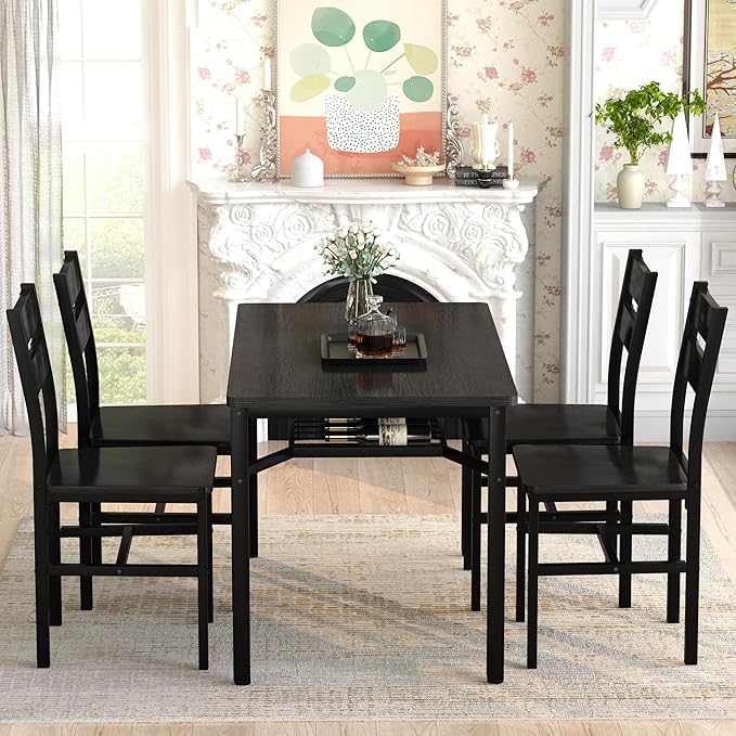Hooseng Dining Table Set for 4, Wood Kitchen Table Chairs Set with Storage, Farmhouse 5 Piece Dining Room Table Set, Space-Saving Dinette Set for Breakfast Nook, Apartment (Black)