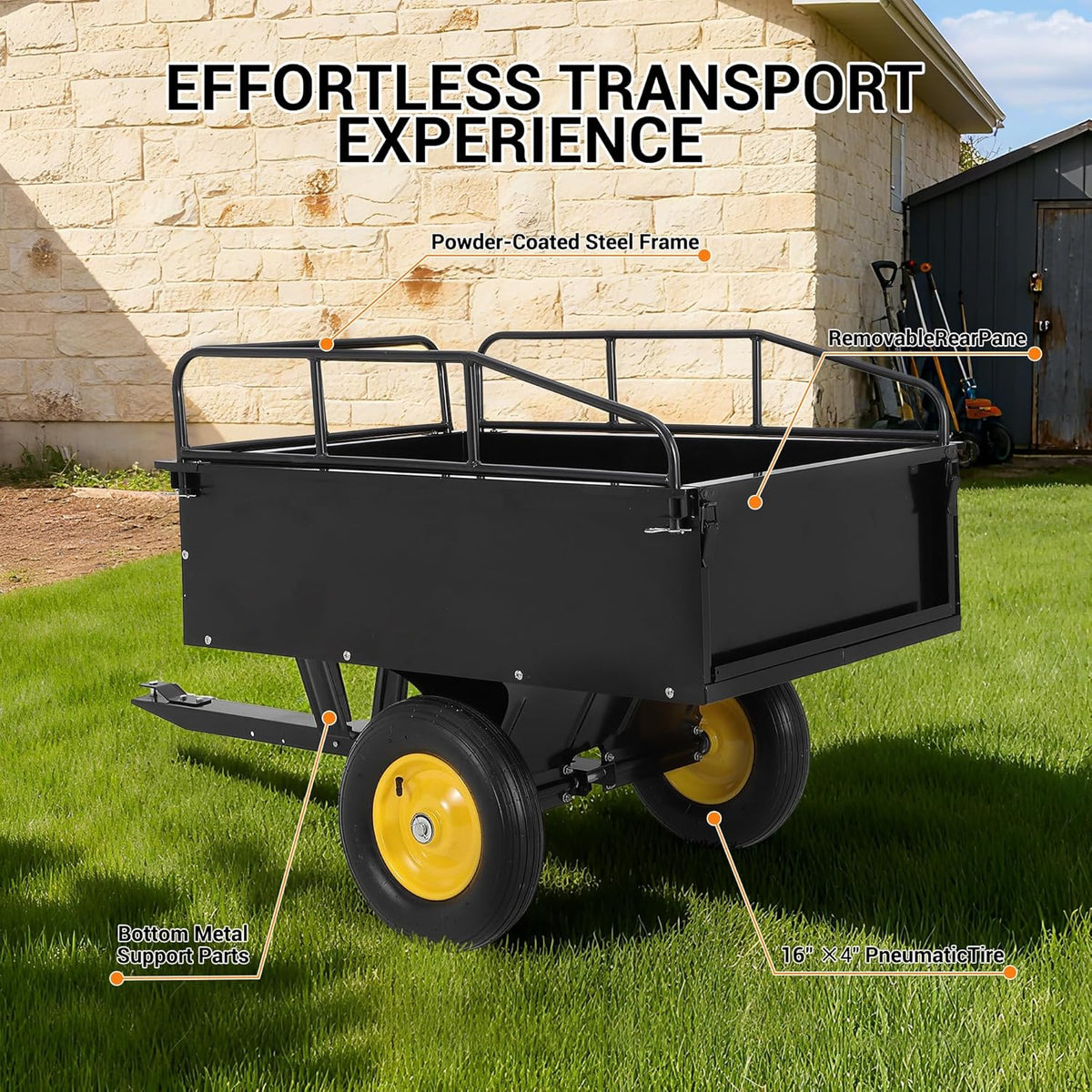 Garvee Heavy Duty Tow Behind ATV Trailer Steel Dump Cart 500 LB, 10-Cubic Feet Capacity Garden Utility Trailer with Removable Tailgate for Riding Lawn Mower Tractor