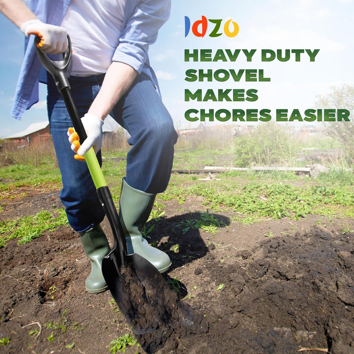 IDZO Aluminum Steel Scoop Shovel Heavy Duty, Ideal Height 44 1/2 Inches Metal Shovel with Strong Aluminum Steel Wide Blade, Durable Grain Shovel, Fiberglass D Handle with Ergonomic EPE Foam Grip