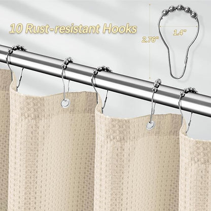 Beige Fabric Shower Curtain - Waffle Textured Heavy Duty Shower Curtains for Bathroom, 256GSM Hotel Spa Luxury Weighted Bath Curtain with 10 Hooks, 60x72, Beige