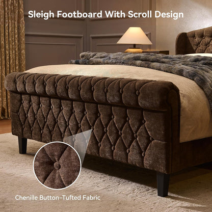 BedsPick Brown Upholstered Queen Bed Frame with 42" Wingback Headboard, Sleigh Queen Size Bed Frame with Button Tufted Scroll Footboard, Wood Slats Support/No Noise/Easy Assembly/No Box Spring Needed