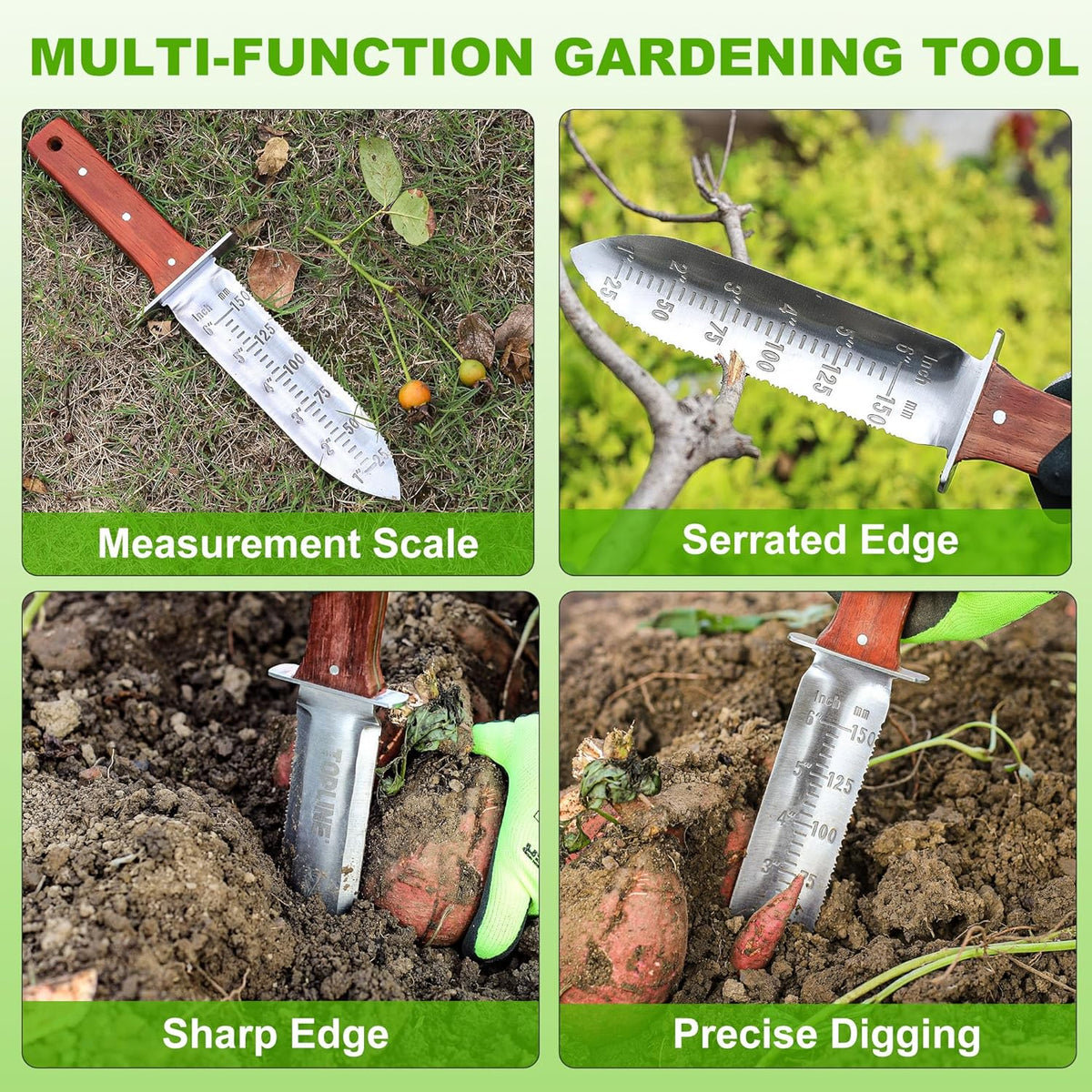 Topline Full Tang Hori Hori Garden Knife, Hori Hori Knife with Sharpening Stone, Double-edge Stainless Steel Blade, Heavy Duty Leather Sheath Included, Garden Tools for Digging, Weeding, Planting