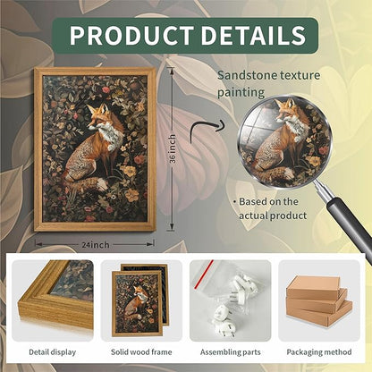 Framed 3D Textured Vintage Wall Art - Dark Academia Decor Hand Drawn Sandstone Fox Paintings with Botanical Florals, Aesthetic Wall Decor for Living Room Bedroom Home 24x36 inch