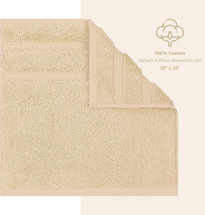 American Soft Linen Luxury Washcloths for Bathroom, 600 GSM 100% Cotton 4 Piece Turkish Wash Cloth Set, 13x13 in Soft Rags for Body and Face, Beige Washcloths