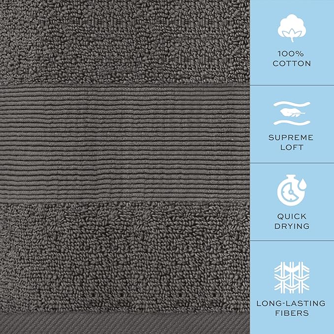 White Classic Resort Collection Soft Washcloth Face & Body Towel Set | 12x12 Luxury Hotel Plush & Absorbent Cotton Washclothes [12 Pack, Charcoal]