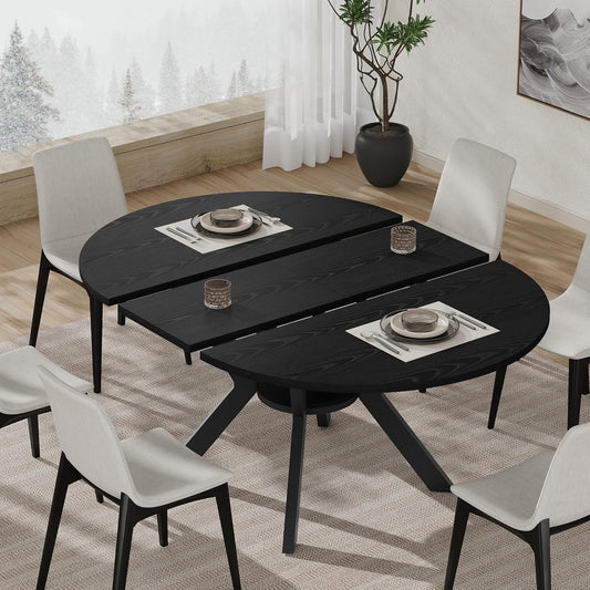 42"-58" Extendable Round Dining Table with Built-in Flip Leaf, Modern Oval Kitchen Table for 4-6, Space-Saving Small Room Furniture with Storage Shelf and X-Shaped Metal Base for Kitchen, Dining Room