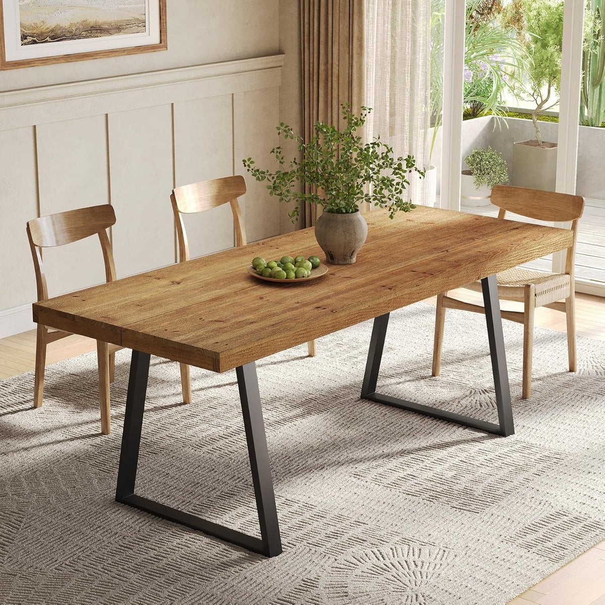 63" Industrial Dining Table for 4-6 People, Solid Wood Rectangular Kitchen Table with Heavy-Duty Metal Legs for Home, Dining Room, Small Space, Rustic Brown