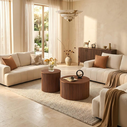 KEIKI Round Nesting Coffee Table Set of 2, Roman Wood Center Table & End Table Set with Built-in Storage, Modern Accent Tables for Small Space Living Room Bedroom, No Assembly, Brown
