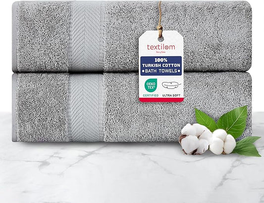 TEXTILOM 100% Turkish Cotton 2 Pcs Bath Towel Set, Luxury Bath Towels for Bathroom, Soft & Absorbent Hotel Quality Bathroom Towels Set (27 x 54 inches)- Grey