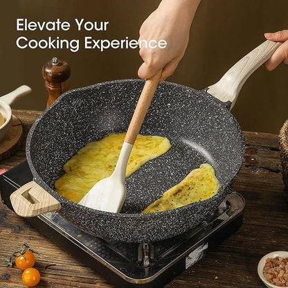 CAROTE 12.5 Inch Nonstick Deep Frying Pan with Lid, 6.5 Qt Jumbo Cooker Saute Pan with Pour Spout, Skillet Induction Cookware, Non Stick Cooking Pan PFOA Free, Classic Granite
