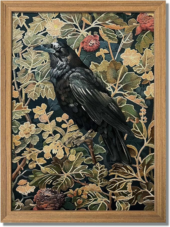 AKWISH Framed 3D Textured Vintage Wall Art - Dark Academia Decor Hand Drawn Sandstone Black Crow Paintings with Botanical Florals, Aesthetic Wall Decor for Living Room Bedroom Home 12x16 inch