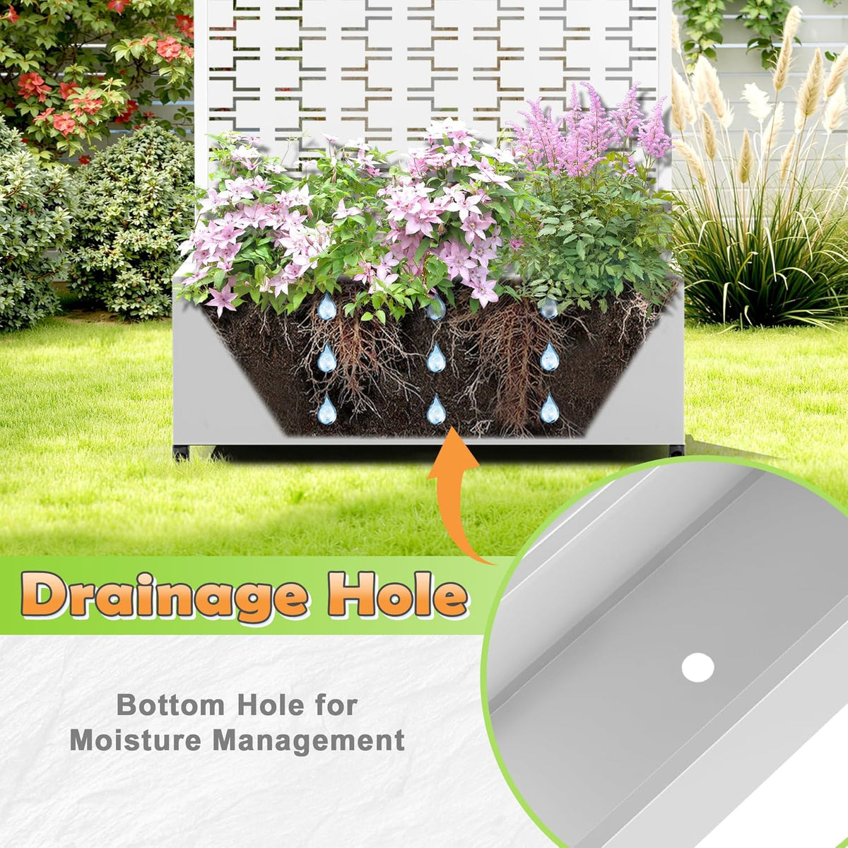Metal Raised Garden Bed with Trellis, 2-in-1 Planter Box & Privacy Screen for Climbing Plants, Outdoor Standing Flower Bed with Drainage Holes, 35.4" L x 15.7" W x 70.1" H, White-Brick